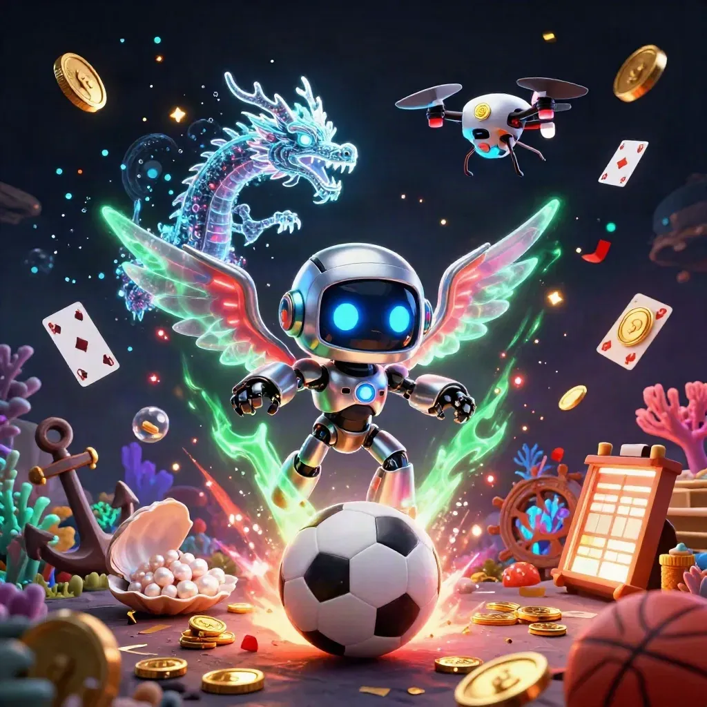 Cyberpunk robot, holographic dragon and coin drone over a soccer ball in treasure cove.