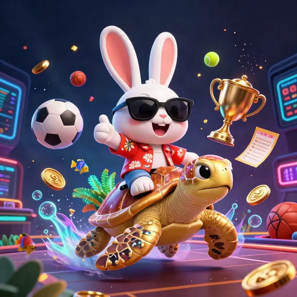 Lucky rabbit on a golden sea turtle with sports balls, coins, trophy, and neon casino glow.