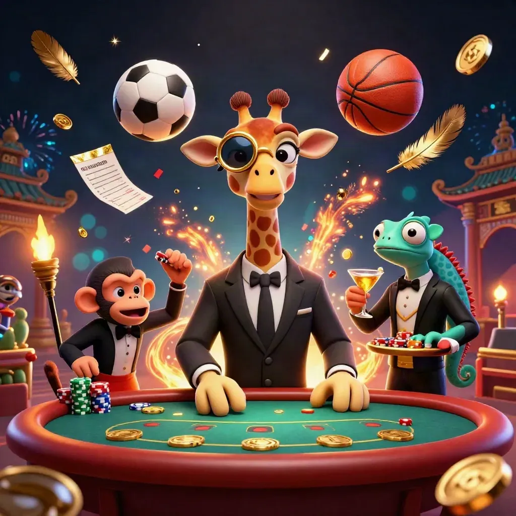 Giraffe, monkey, and chameleon in a luxe casino scene with flying sports balls and gold effects