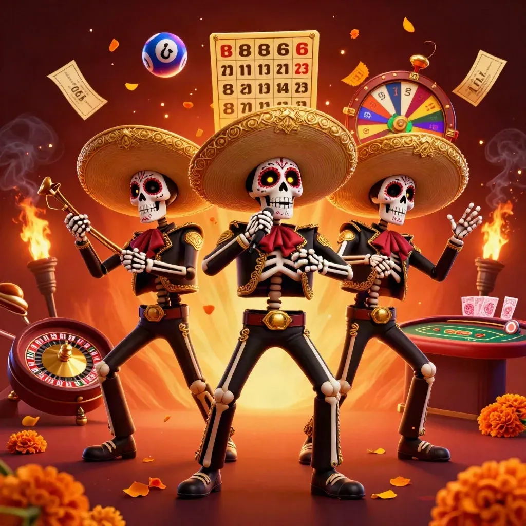 Day-of-the-Dead mariachi skeletons amid casino game elements in crimson and gold.