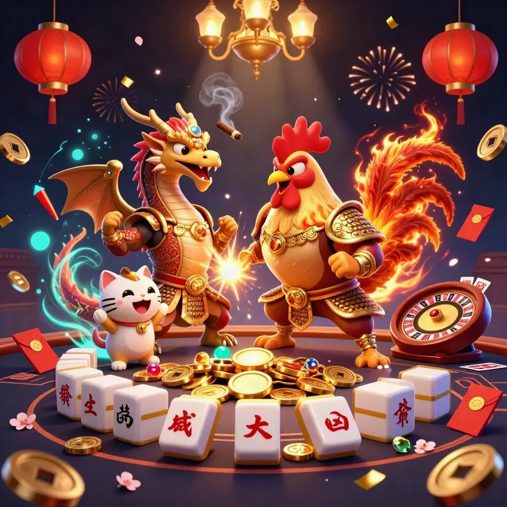 Rooster warrior, dragon hatchling, and fortune-cat in a luxe casino scene with spinning roulette and glowing magic.