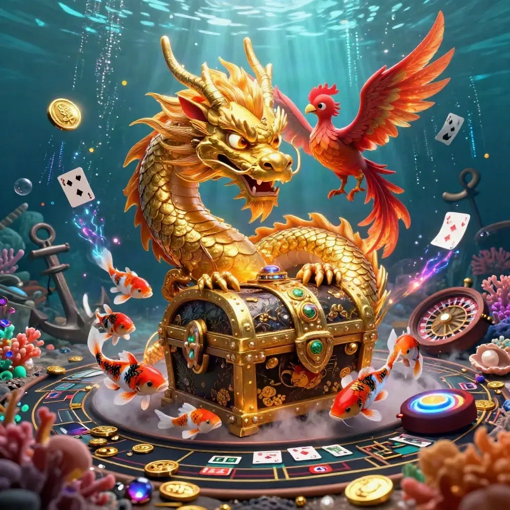 Golden dragon, phoenix, koi and casino relics in a glowing underwater treasure cove.