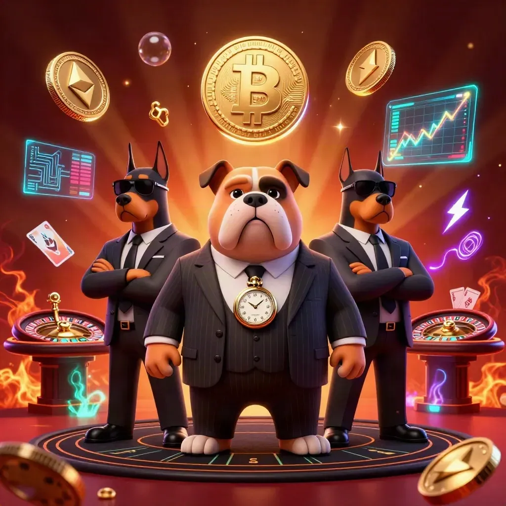 Cartoon bulldog boss with two Dobermans amid casino glow, crypto coins, roulette wheel, and brass light