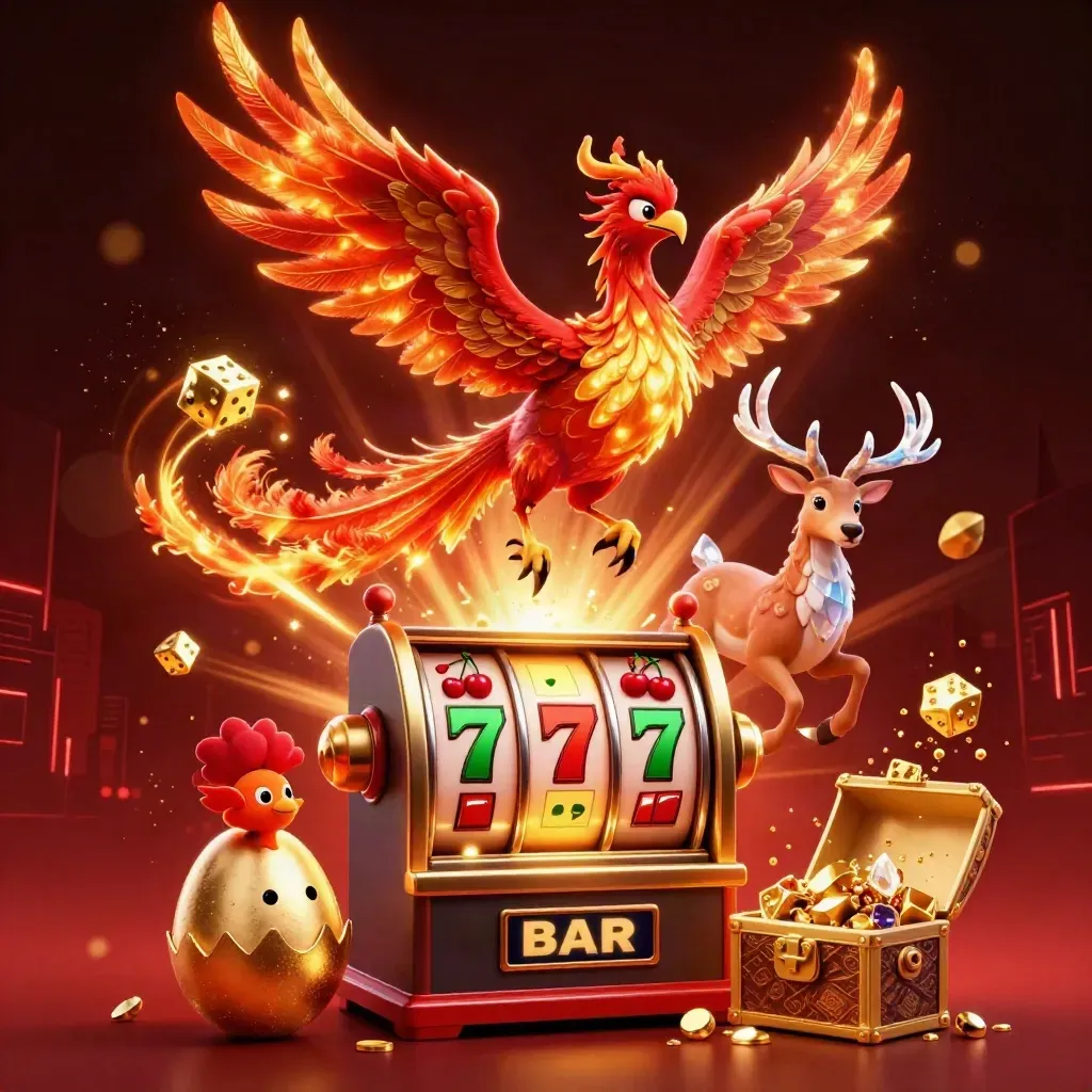 Fire phoenix, baby phoenix, and crystal stag burst from a gold jackpot scene.