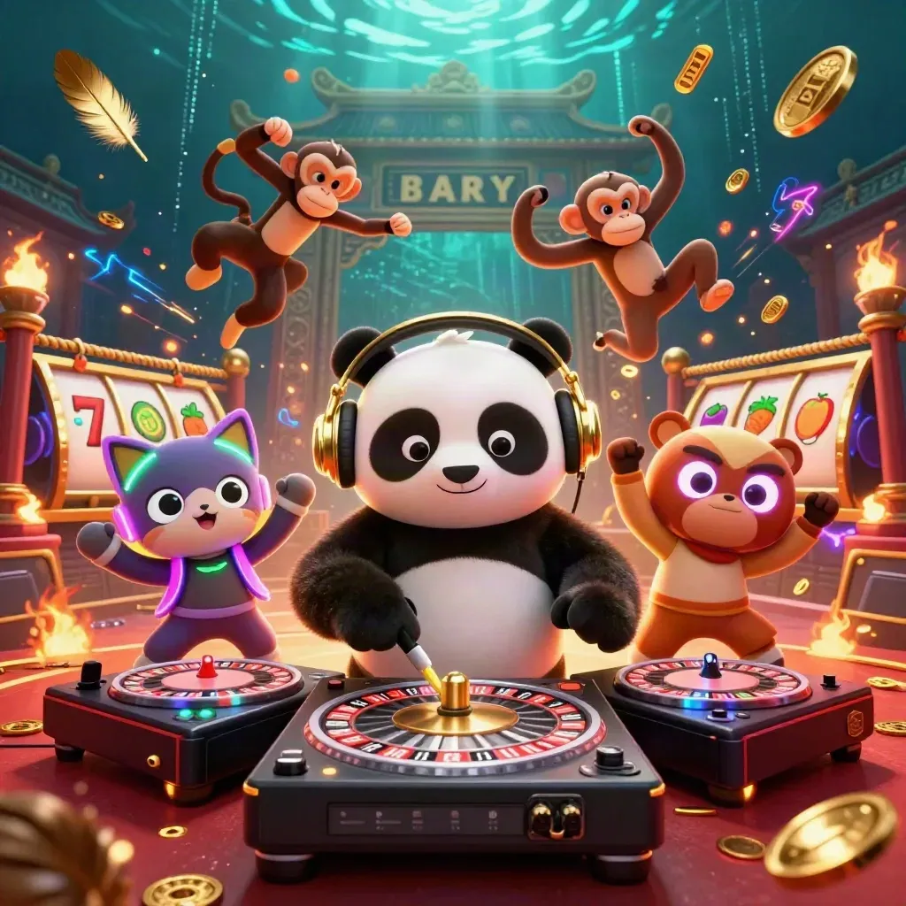DJ panda, monkey and glow-stick kitten amid roulette chaos, gold bursts, underwater neon casino