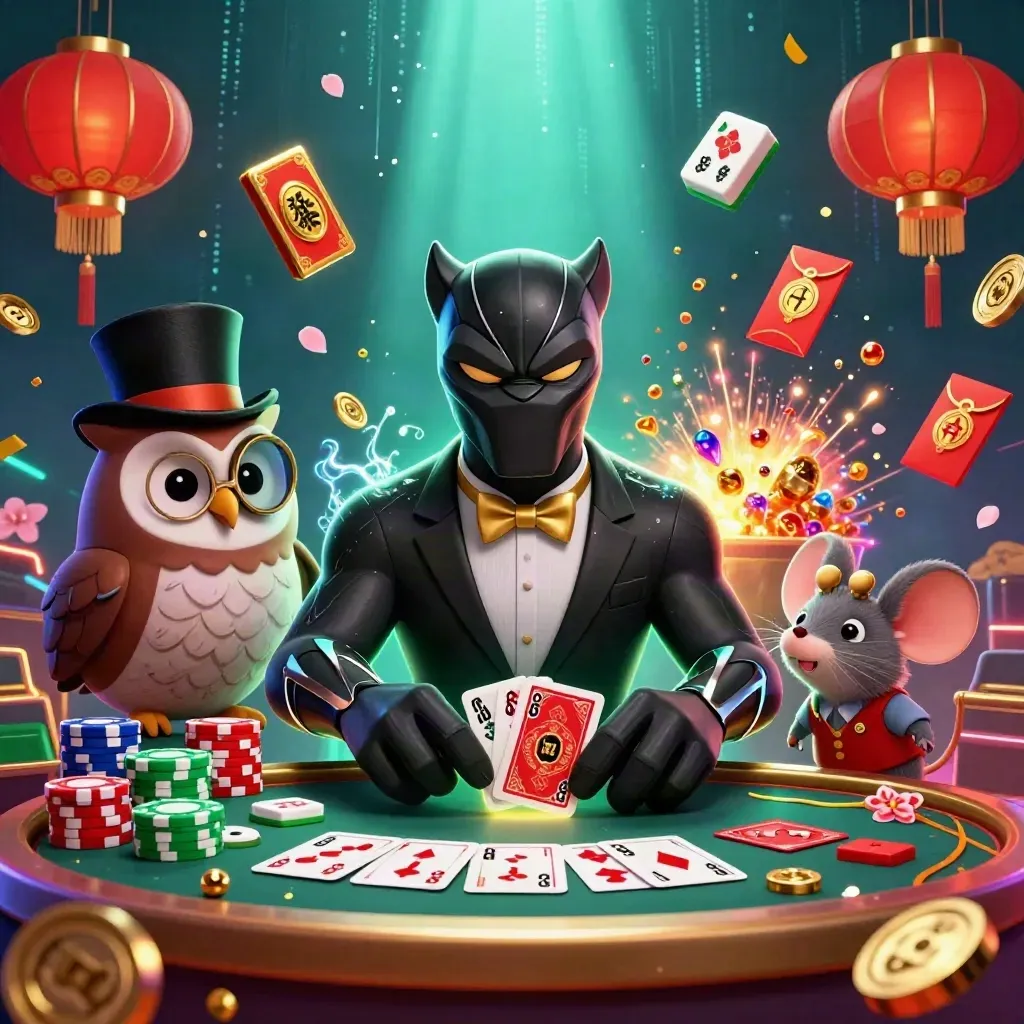 Panther, owl, and mouse with cards and chips amid treasure, coins, and neon casino glow.