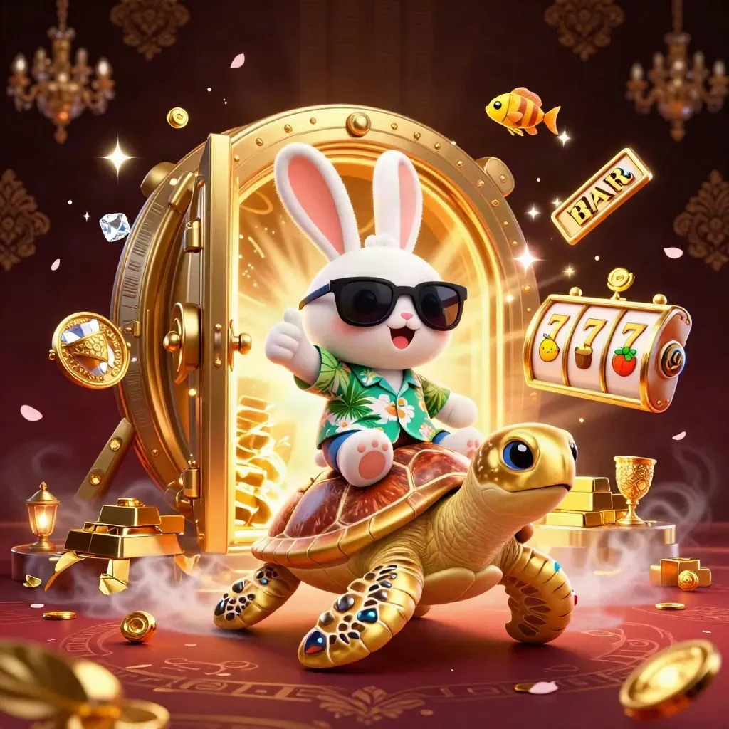 Lucky rabbit on jeweled sea turtle amid gold vault, reels, chips, and casino sparkles
