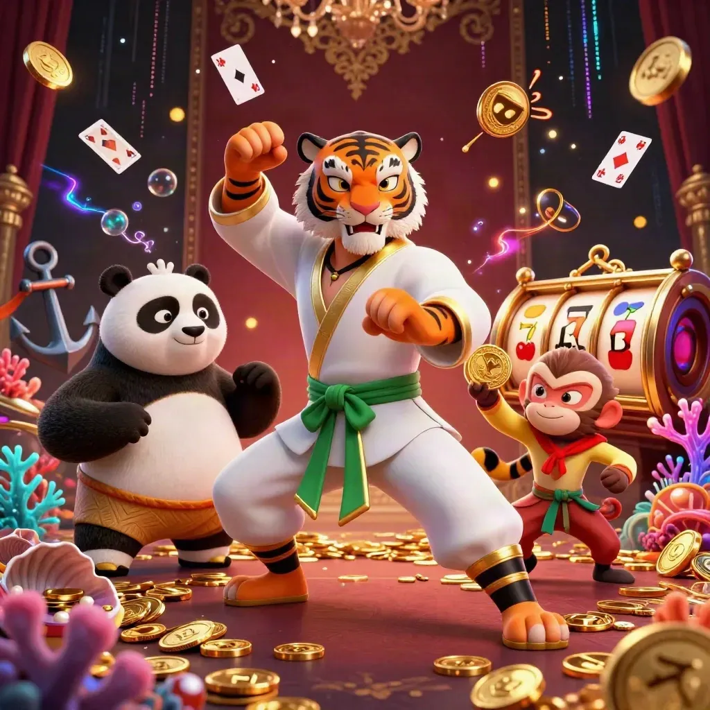 Kung-fu tiger, panda, and monkey in a treasure cove amid coins, cards, reels, and lightning