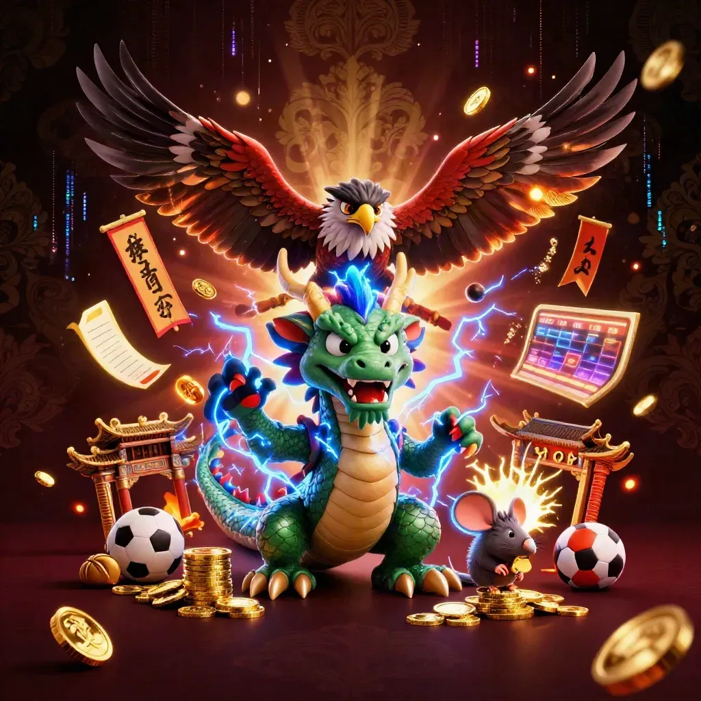 Thunder dragon, hawk, and crackling mouse amid gold casino relics