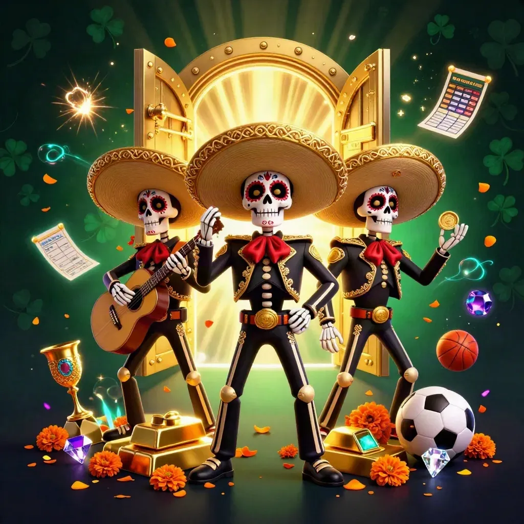 Skeleton mariachi trio beside a glowing vault of gold with casino props and neon effects.