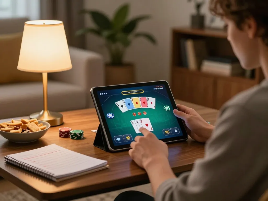 Engaging gameplay at Canadian online casinos with a user playing poker on a tablet in a cozy home setting.