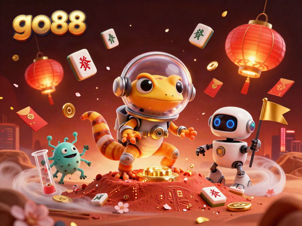 Experience the excitement of go88 with a Martian gecko discovering a golden casino amidst vibrant gaming symbols and elements.