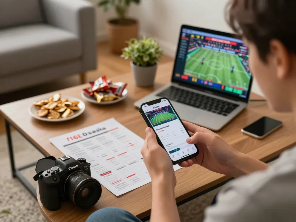 Player engaging with the f168.osaka betting app on smartphone in a cozy home setup.