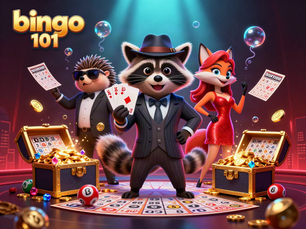 Bingo 101 official website: Enjoy an exciting scene with bingo elements featuring raccoon, fox, and hedgehog characters.