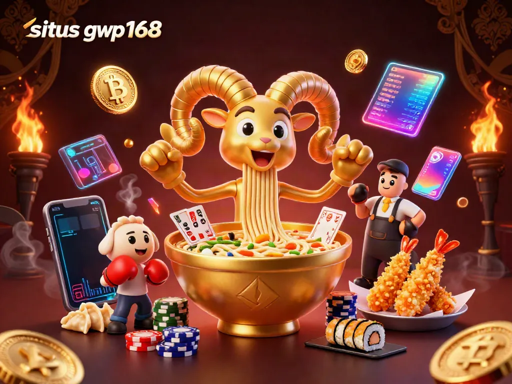 Mengalungkan kemenangan di situs gwp168 dengan ramen berwarna emas, koin crypto, dan elemen kasino yang ceria.