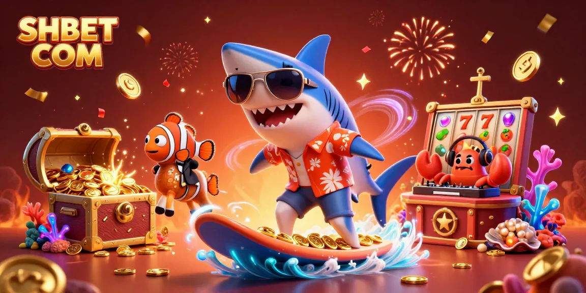 Join the fun at SHBET COM with vibrant characters riding waves of gold coins and exciting slot symbols!
