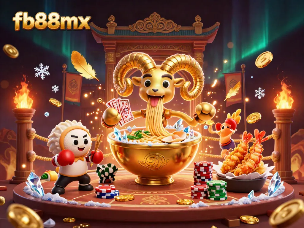 Engage with the vibrant world of fb88mx, where a golden ramen bowl and friends animate the casino action.