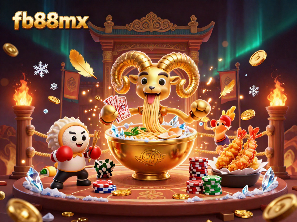 Engage with the vibrant world of fb88mx, where a golden ramen bowl and friends animate the casino action.