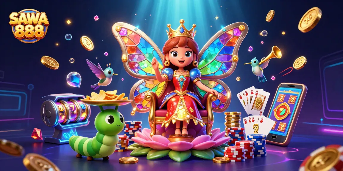 Engage with SAWA 888's vibrant slots, featuring a majestic butterfly queen surrounded by sparkling coins and casino elements.