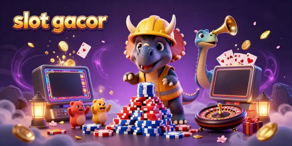 Engage with the vibrant slot gacor scene, featuring playful dinosaurs and colorful casino elements.