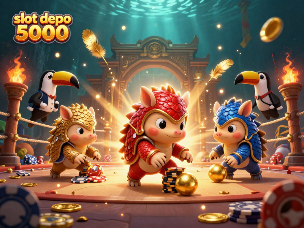 Engage with slot depo 5000 in an exciting casino scene with pangolins rolling in golden poker chips.