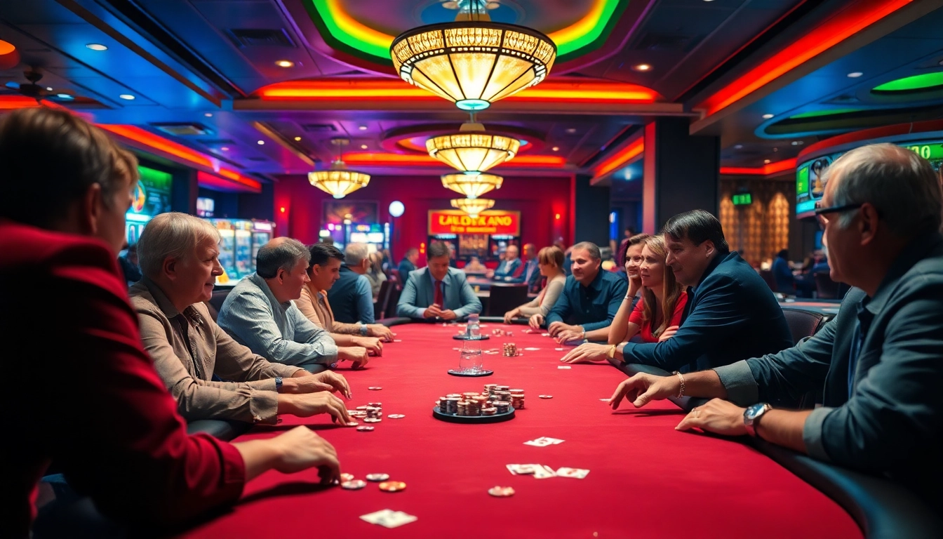 Spannende Spieler an Tischen für casino spiele.de in lebhaftem Casino-Setting.