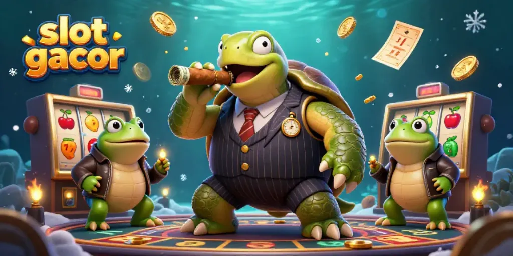 Experience the thrill of slot gacor with vivid, colorful symbols and lively characters in a captivating casino scene.