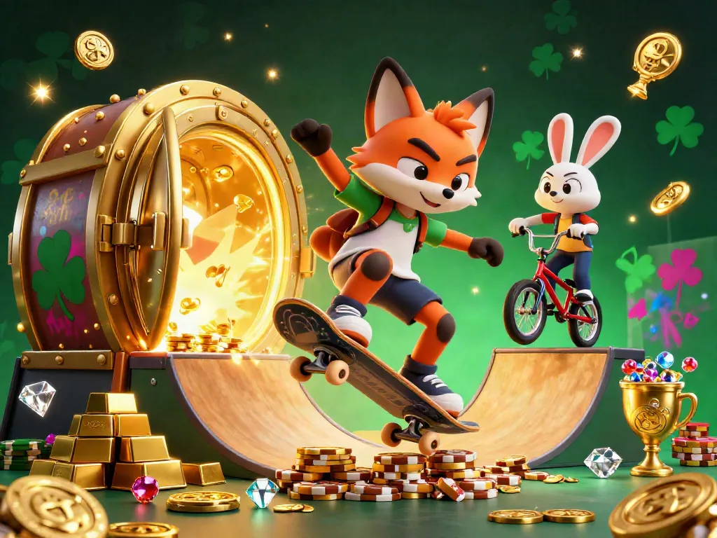 Experience the thrill at laskar togel with 3D characters skateboarding over golden poker chips.