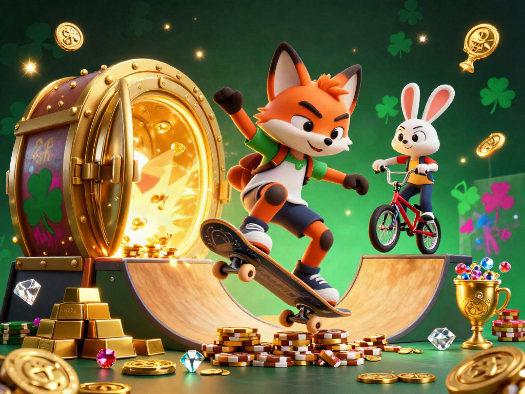 Experience the thrill at laskar togel with 3D characters skateboarding over golden poker chips.