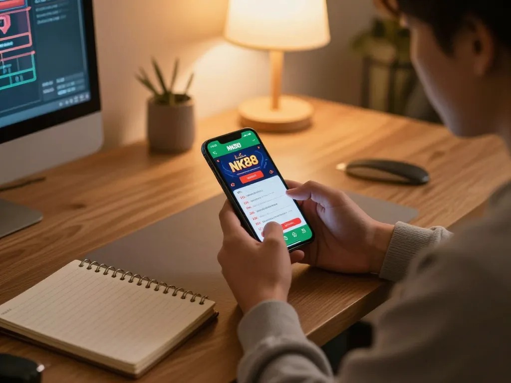 Engaging in mobile gaming with NK88 casino app on smartphone, tracking betting strategies.