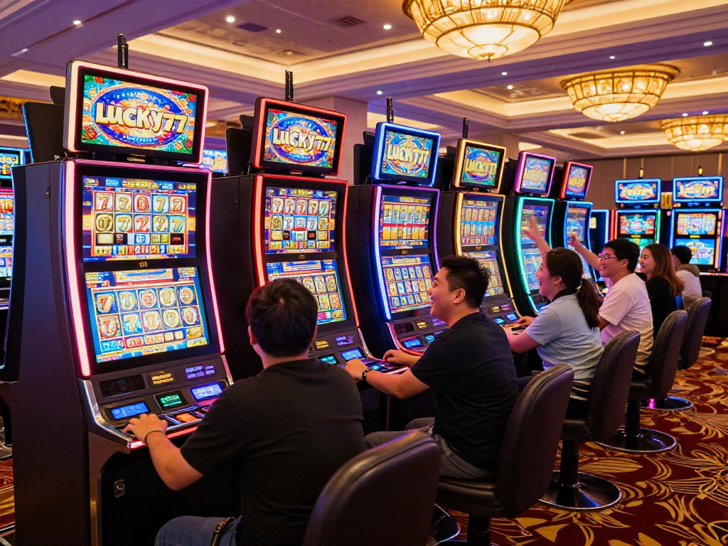 Lucky777 casino players celebrating wins at vibrant slot machines.
