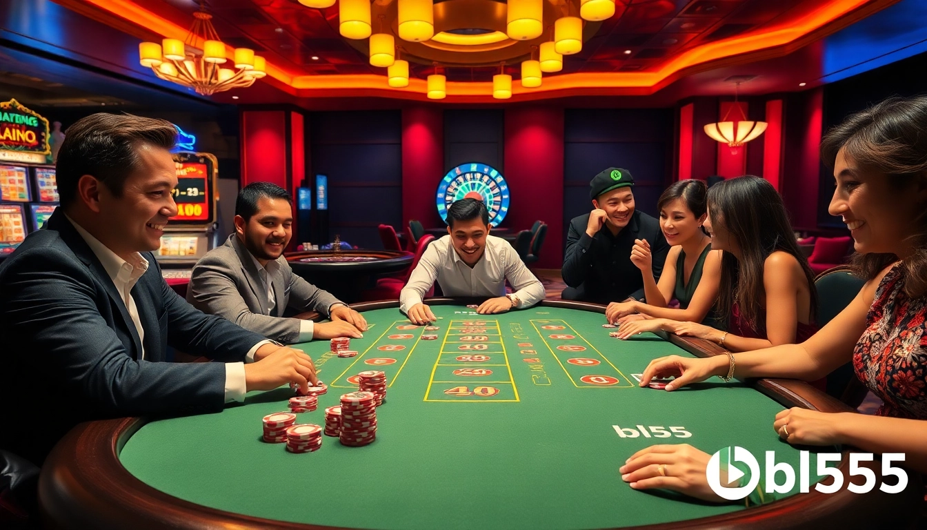 Experience thrilling poker games at nhà cái bl555, showcasing excited players and luxurious casino atmosphere.