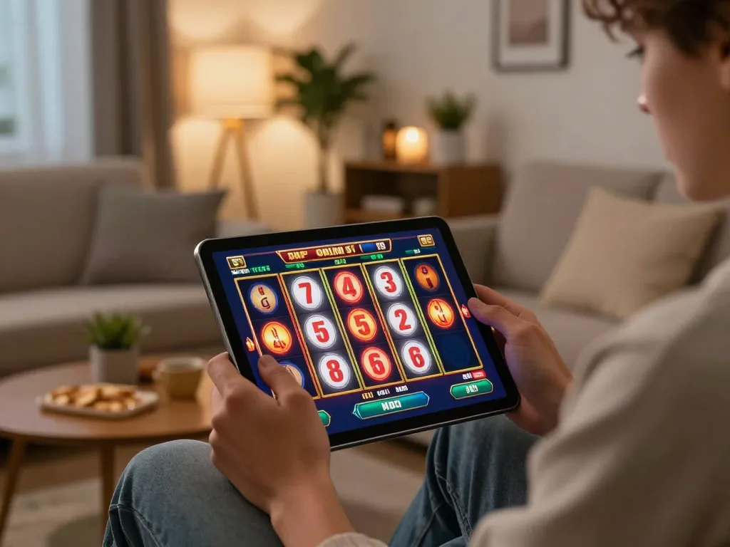 Engaging in slot online gameplay on a tablet in a cozy home setting, evoking a responsible gaming atmosphere.
