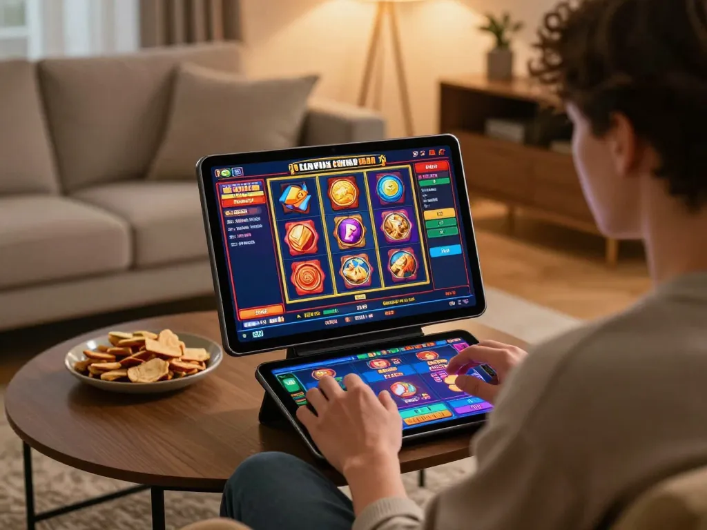 Engaging with tg88 online slots on a tablet in a cozy home environment.