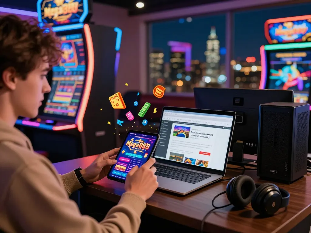 Excited player maximizing free credit mega888 on mobile device in vibrant online casino setting.