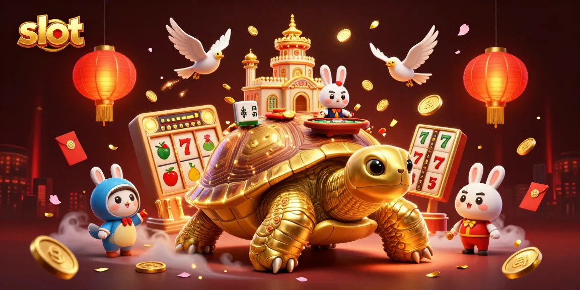 Slot menyajikan ilustrasi 3D penuh warna dengan kura-kura emas dan dealer kelinci di meja, dikelilingi simbol keberuntungan.