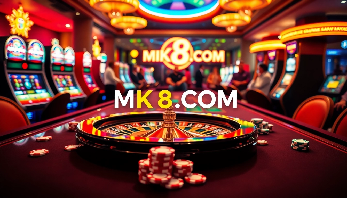 Experience the excitement of MK8.COM with luxurious casino visuals featuring roulette and poker elements.