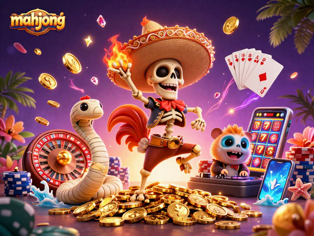 Engage in mahjong excitement with vibrant casino elements and animated characters.