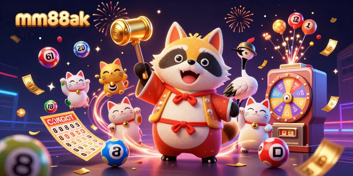 Experience the vibrant MM88AK scenes with cheery characters, jackpot lottery elements, and a festive atmosphere.