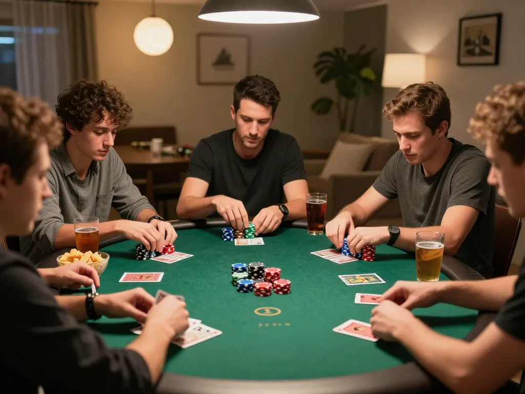 IWIN68 CLUB players engaged in exciting poker game during friendly home gaming night.