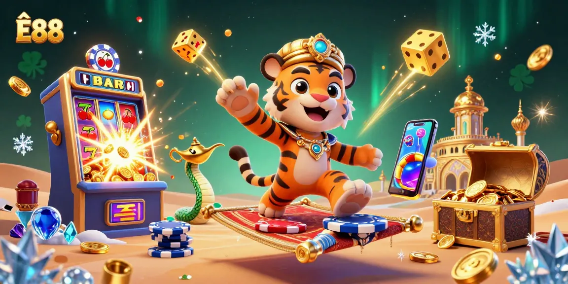 Engage with the thrilling world of Ê88 casino games, featuring a vibrant scene with a tiger sultan on a flying carpet.