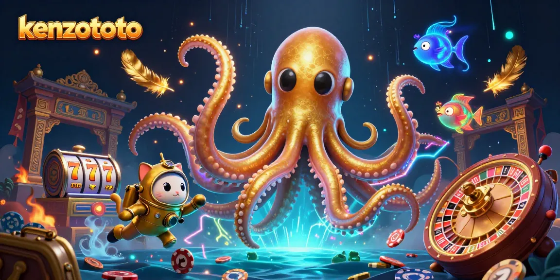 Engage with kenzototo in this vibrant underwater casino scene featuring a colossal kraken and a vintage diving cat.