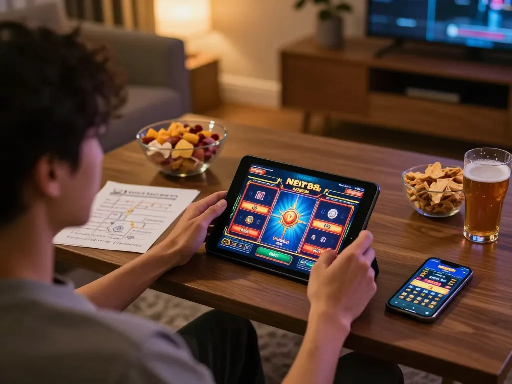 Engaging online gaming with NET88 slots on tablet, showcasing a cozy home setup