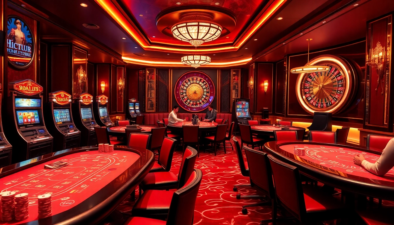 Hit club gambling scene with poker tables, slot machines, and roulette wheel in a luxurious casino.