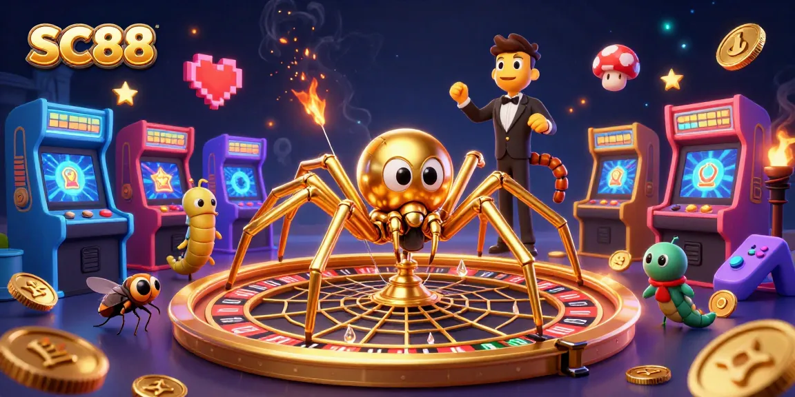 SC88 captivates players with a 3D illustration of a golden spider and vibrant gaming elements.