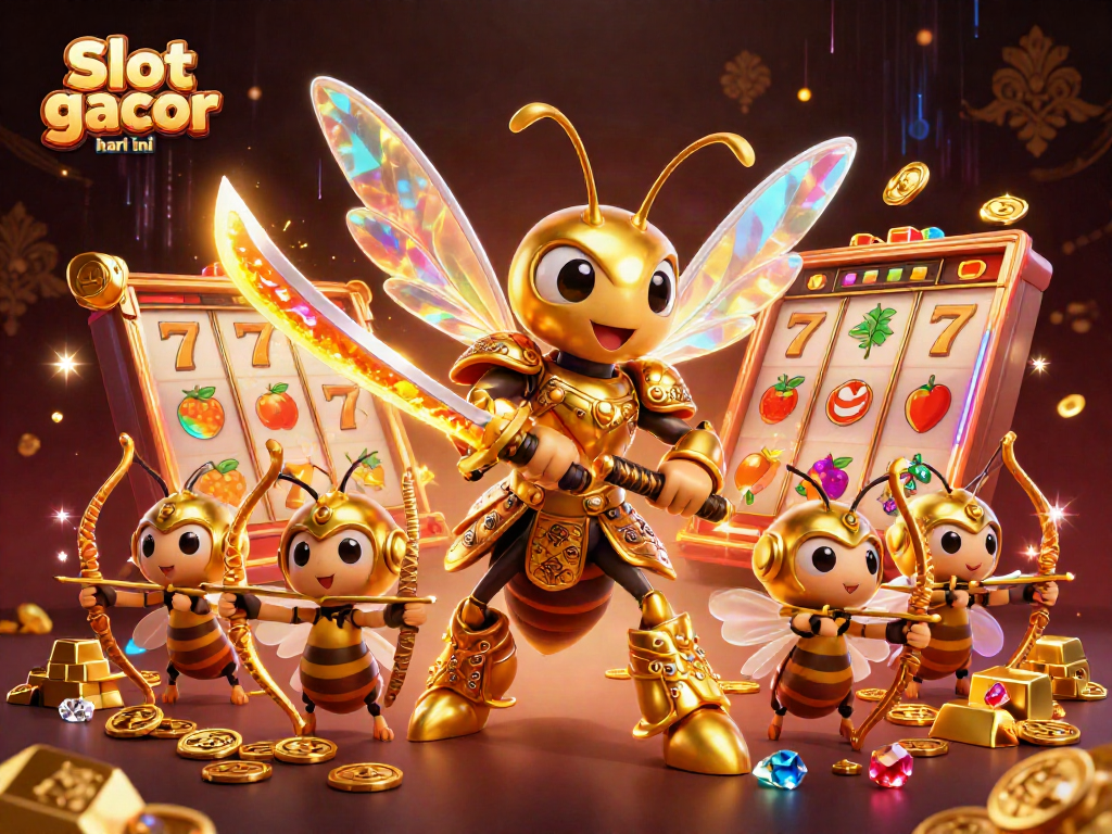 Engage with Slot gacor hari ini as a golden hornet warrior leads bee archers amidst vibrant casino elements.
