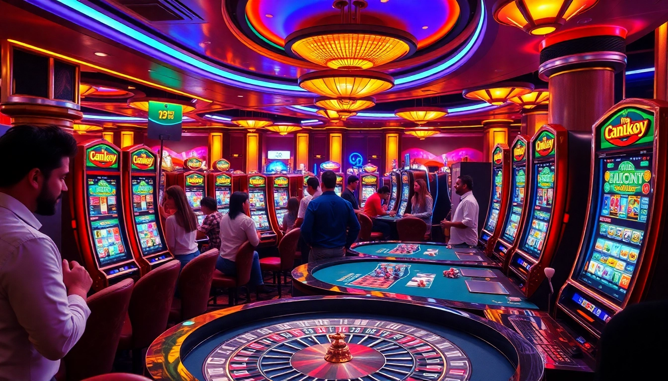 A high-stakes casino scene showcasing a lively slot machine area, embodying the excitement of viral4d gaming.