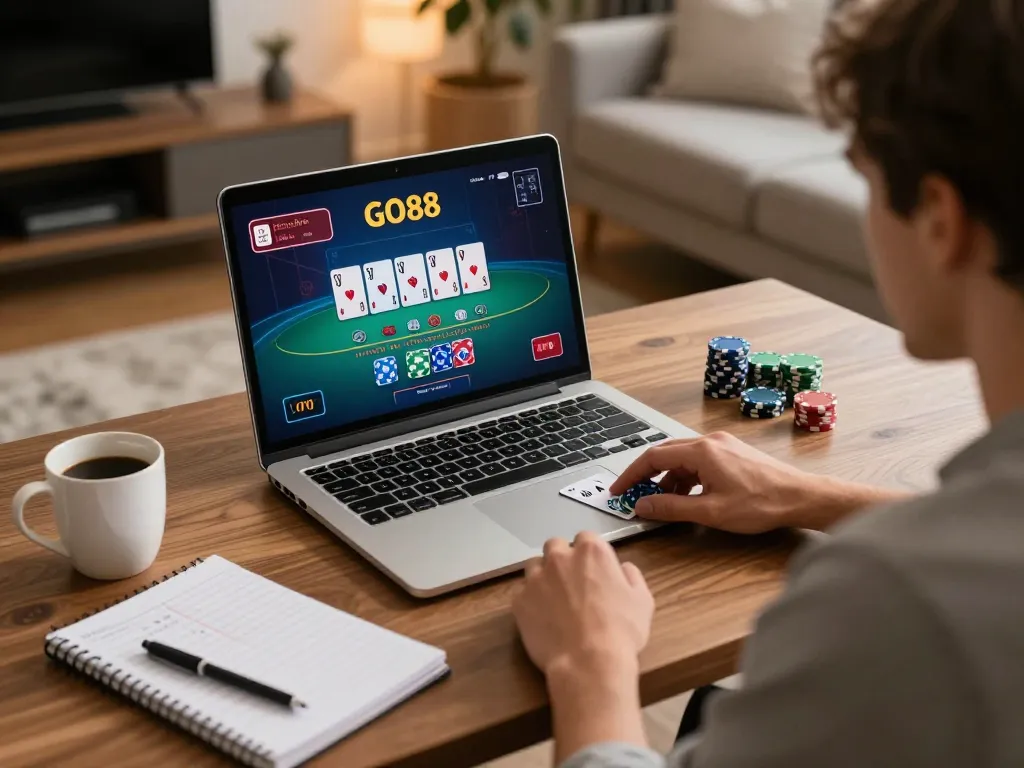 Player engaging in a live dealer game on GO88, focused on screens and strategy notes.