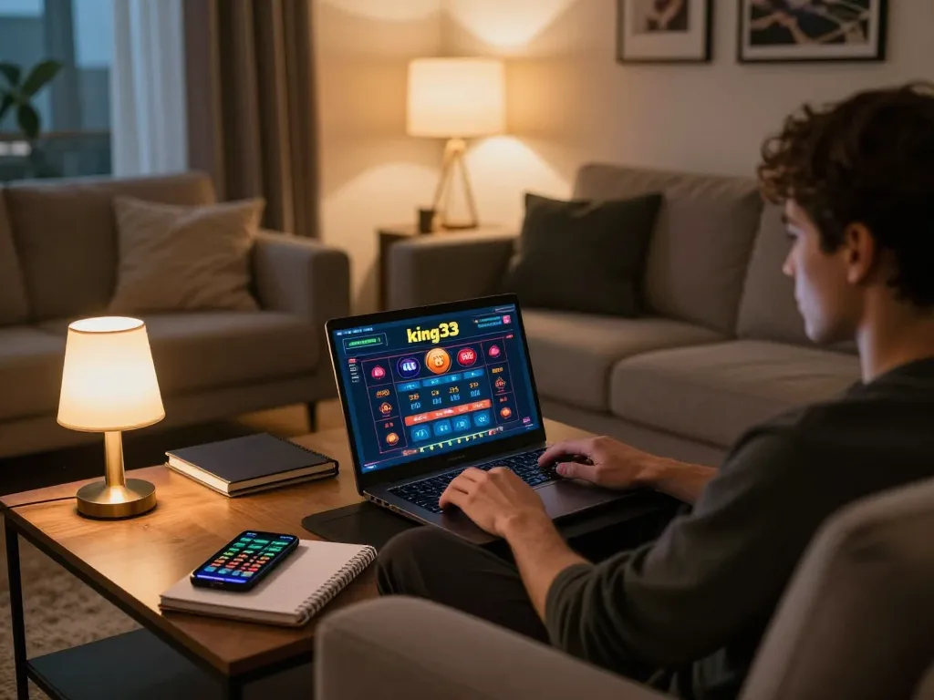 Engaged player strategizing on king33 online casino from home with laptop and notes.