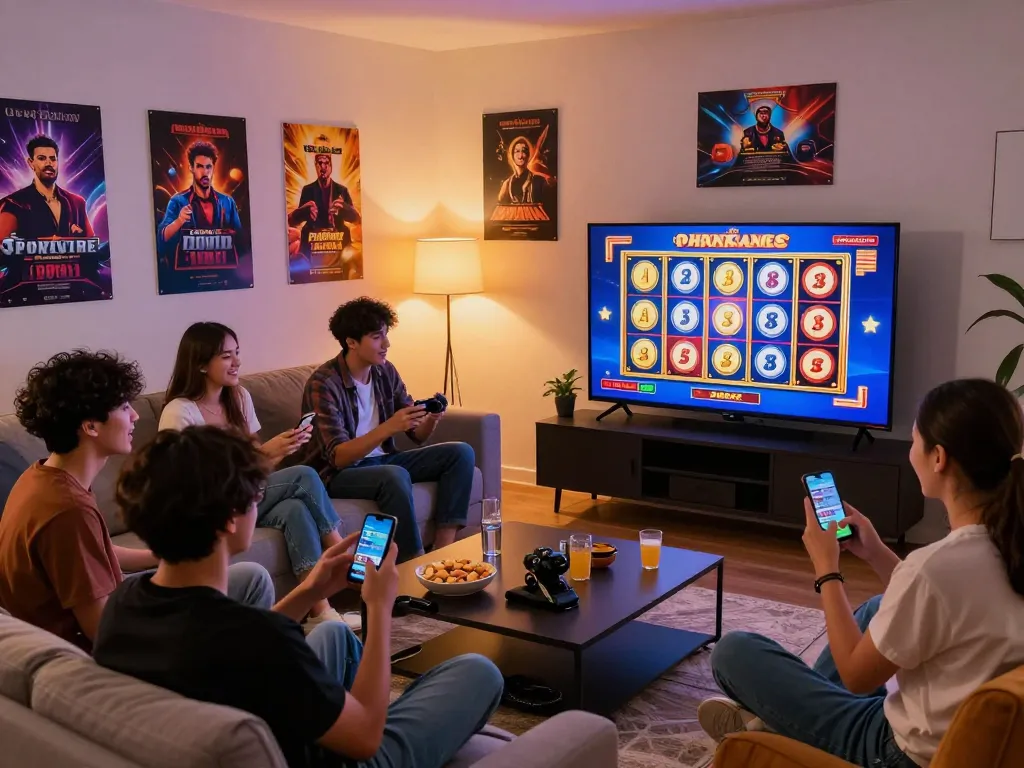 Friends enjoying zeus138 online slot games in a vibrant living room.